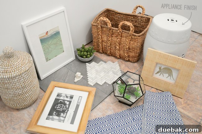 In-person mood board in the laundry room, featuring household items representing design elements.