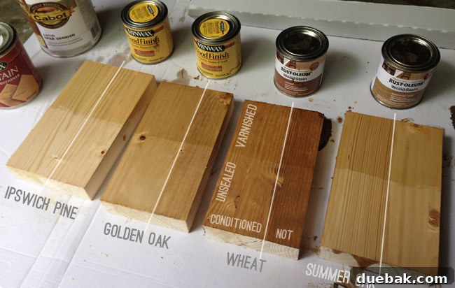 Craft Your Own Waterfall Countertop 17 Wood stain test samples showing various light natural stain options, with Golden Oak selected