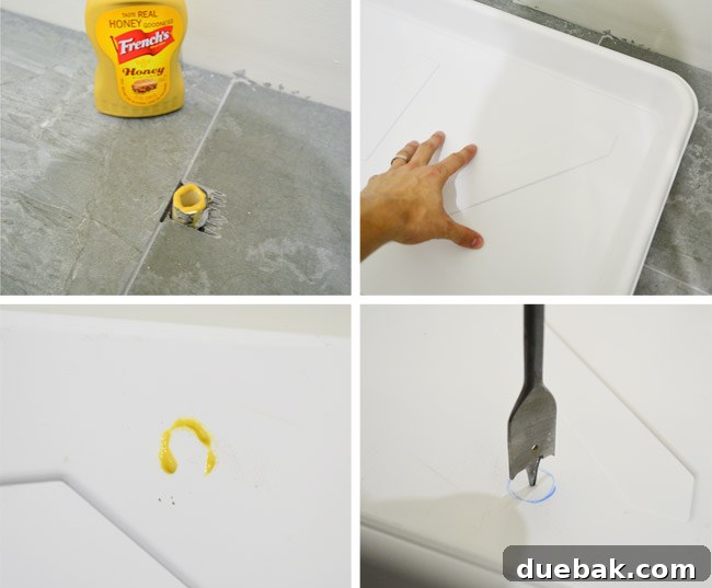 Seamless DIY Waterfall Countertop 9 Washer pan marked with mustard for drain hole