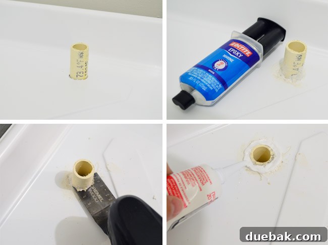 Craft Your Own Waterfall Countertop 10 Washer pan with drain pipe sealed with epoxy and silicone caulk