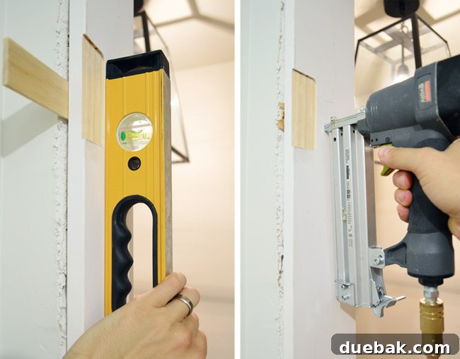 Checking For Level And Nailing In DIY Door Jamb Kit Into Laundry Room Using Shims