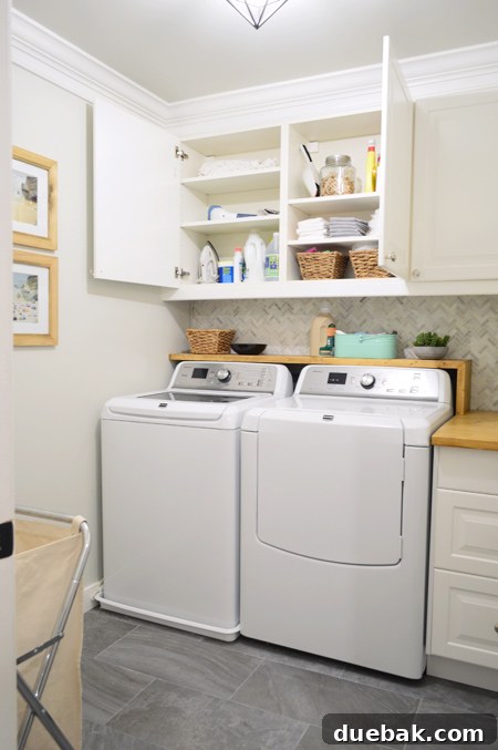 Laundry room shelf with organized baskets