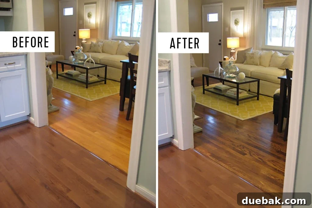 Revitalizing Hardwood Floors The Beginner's Handbook 21 Side by side before and after photos of refinished hardwood floors, expertly color-matched between old and new wood