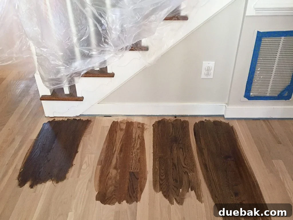 Revitalizing Hardwood Floors The Beginner's Handbook 4 Various sample stain colors expertly tested on refinished hardwood floors to aid homeowner selection