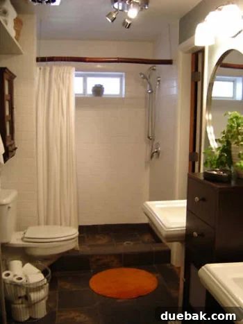 bathroom-after Modern bathroom after renovation with slate-esque porcelain floor tile and antique spice cabinet