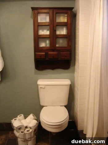 head-on Stunning bathroom remodel featuring new vanity, mirror, and organized toilet paper storage