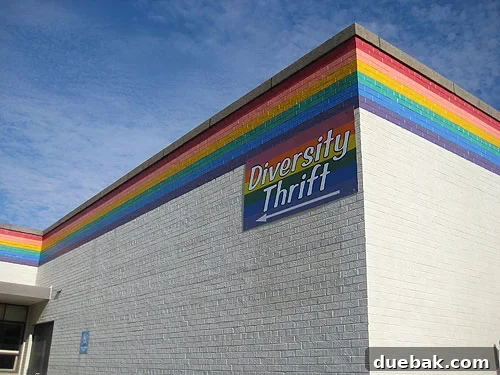 Diversity Thrift exterior view with its distinctive rainbow-striped building