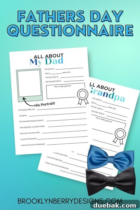 A child's drawing and answers to the 'All About My Dad' printable questionnaire.