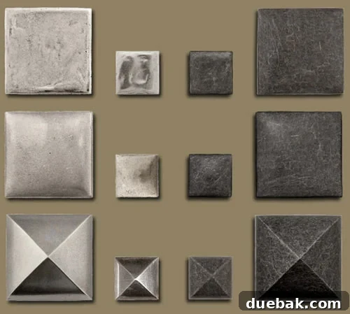 Castalina Pewter Tile Options: Polished, Aged, Flat, Domed, Pyramid