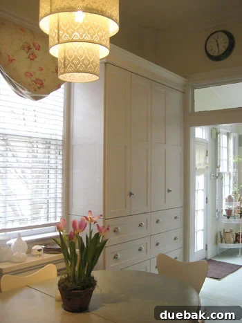 Kitchen chandelier with intricate cut-out design and extensive built-in cabinetry
