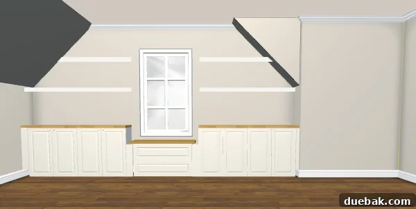 Rendering of built-in cabinets and two thin floating shelves using Ikea 3D Kitchen Planner for design visualization