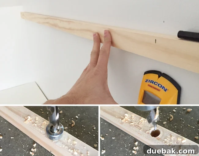 Marking the placement of studs on a 1x2 pine wood board and drilling recessed pilot holes for screws