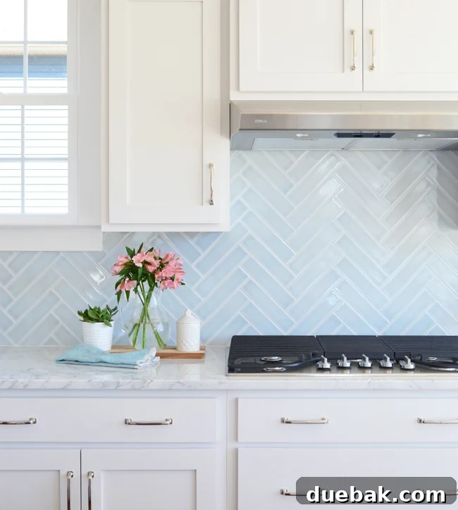 Stylish blue herringbone tile backsplash in a modern spec home kitchen designed by Young House Love for Biringer Builders