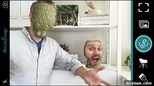 Screenshot of decorSwap app after a successful face swap on a home decor item, showcasing the humorous result