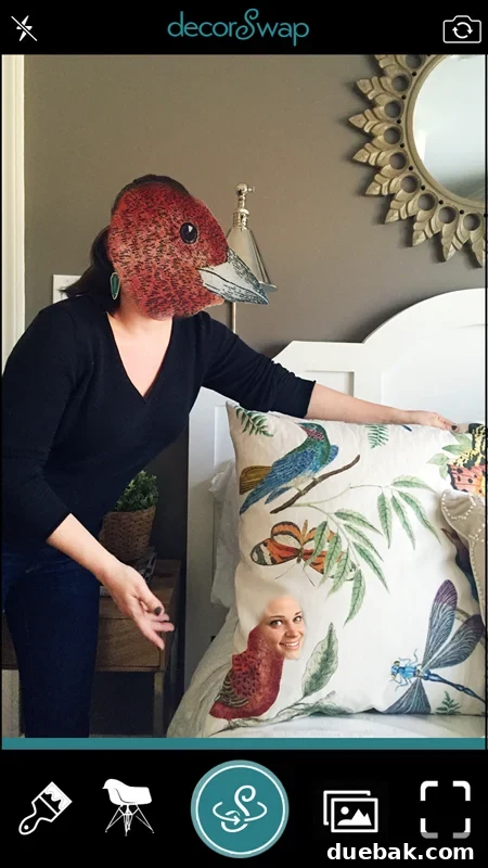 Humorous decorSwap image of Sherry's face virtually placed on a decorative bird, demonstrating a decorating dilemma