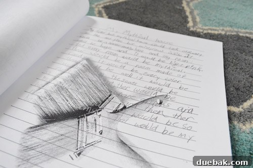 Handwritten page by 'Stevie' describing a dream home with a giant fluffy bedroom, a big kitchen, and a treehouse with a swing.