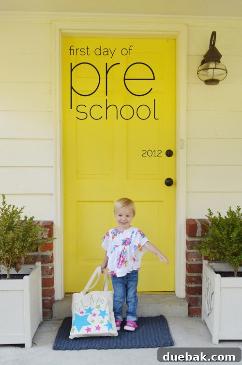 Fresh Start in the Classroom 2 A cheerful young girl, Clara, smiling excitedly before her first day of preschool, dressed in bright clothes and ready for adventure.