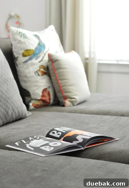 Bonus Room Glow Up 11 Detail of IKEA Kivik Chaise with Gray-Brown Slipcover
