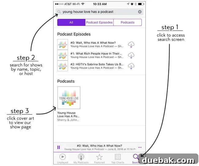 The Audible Buzz 4 Screenshots showing how to search for Young House Love Has A Podcast in Apple Podcasts