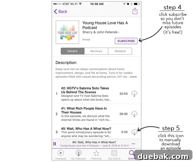 The Audible Buzz 5 Screenshots demonstrating how to subscribe and download episodes in Apple Podcasts