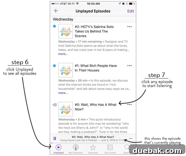 The Audible Buzz 6 Screenshots showing how to access unplayed episodes and start playing in Apple Podcasts