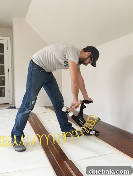 install hardwood flooring using rented floor nailer