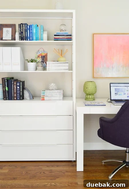 Seamless Beige Throughout 11 Neutral office with open shelves and Ikea furniture