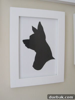 Intricate black paper silhouette portrait of a dog named Burger, capturing his unique features