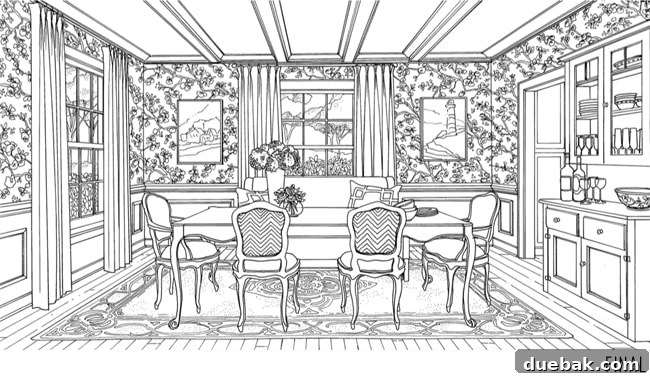 Final dining room illustration as it appears in the Color at Home coloring book, ready for coloring