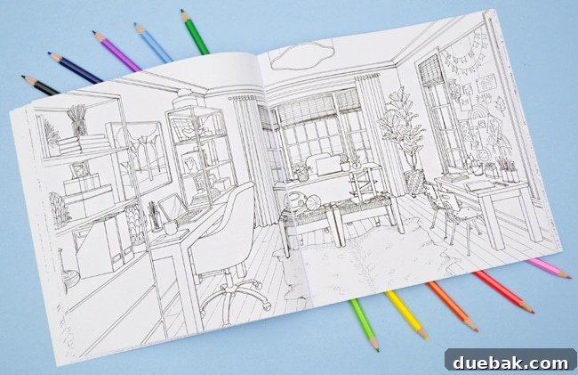 Our office interior, rendered as a coloring page in Color at Home, offering familiar spaces to color