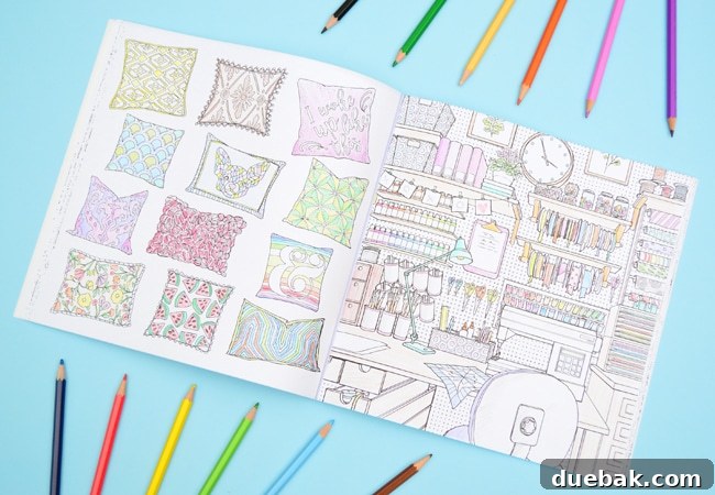 Color at Home coloring book pages featuring pillows and a pegboard, inspiring detailed coloring