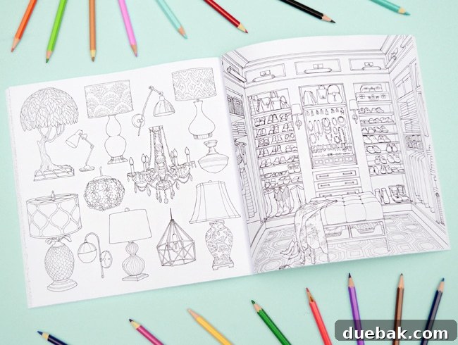 Color at Home coloring book pages featuring lighting collection and closet interior, offering diverse subjects