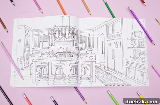 Luxury kitchen interior from Color at Home coloring book, showcasing detailed illustrations
