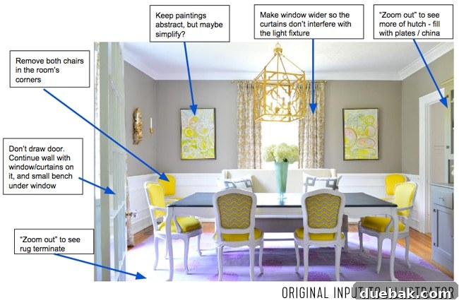 First input notes from art directors to illustrator for dining room drawing, showing initial modifications