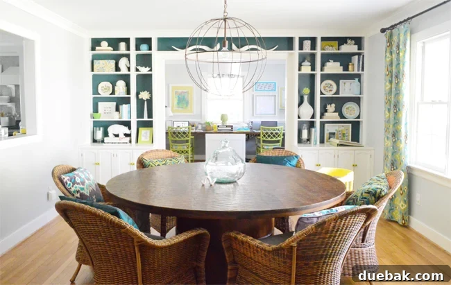Tailored Book Nooks DIY Built Ins 6 Previous home's dining room featuring colorful built-in bookshelves, serving as design inspiration for a new project