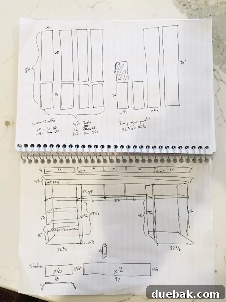 Tailored Book Nooks DIY Built Ins 7 Hand-drawn sketch of DIY built-in bookshelves with measurements in a notebook, aiding in the planning phase
