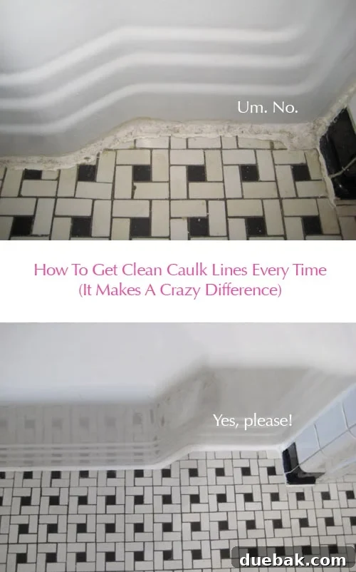 The Secret to Flawless Caulk Lines 2 Close-up of old, cracked and dirty caulk line in a vintage bathroom, showing signs of wear and water damage