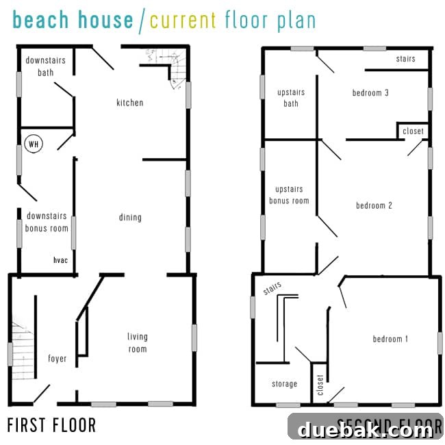 Explore Your Dream Beach House: Video Tour and Floor Planning 2 Current beach house floor plan showing 2 official bedrooms, a potential 3rd, and rough bonus porch spaces, highlighting the need for major renovation.