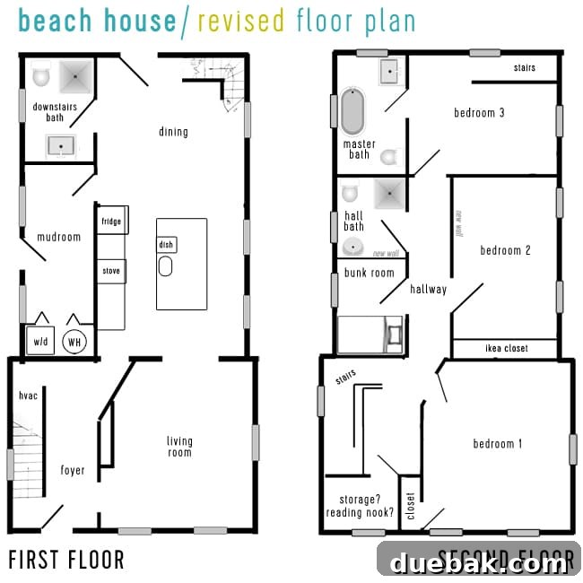 Explore Your Dream Beach House: Video Tour and Floor Planning 4 Revised beach house floor plan incorporating an upstairs hallway, optimized kitchen, and additional sleeping arrangements for improved flow and functionality.