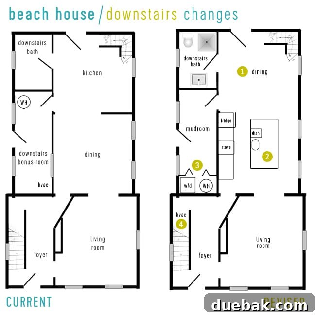 Explore Your Dream Beach House: Video Tour and Floor Planning 6 Side-by-side comparison of existing and revised downstairs beach house floor plans, showing the kitchen/dining swap, utility closet, and HVAC placement.