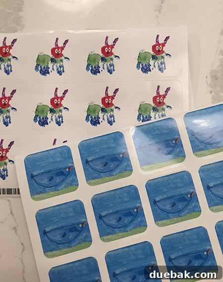 Applying a child's sticker art of a blue bird onto a wooden tag ornament.
