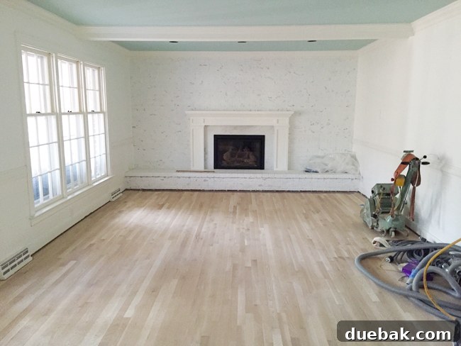 Raw sanded hardwood floors ready for staining with darker lines showing where quarter round was removed