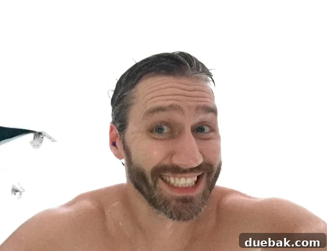Selfie with purple earplugs before floating