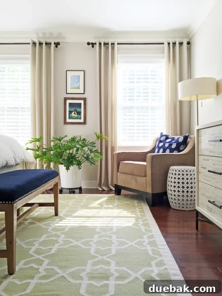 Bedroom with a trellis-patterned rug