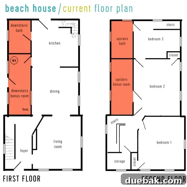 From Studs Up: The Beach House Revival 15 Floor plan with the structurally compromised side of the house highlighted in red, indicating the area for reconstruction.