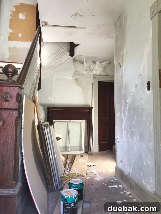 From Studs Up: The Beach House Revival 3 Another view of the beach house interior after full demolition, showing all walls removed and exposed framing.