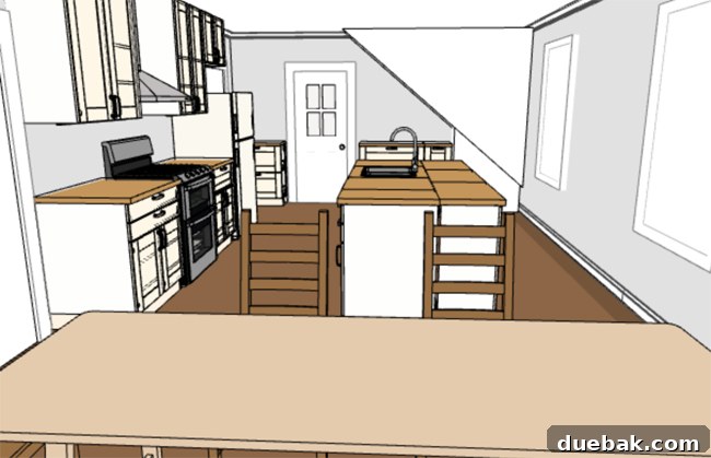From Studs Up: The Beach House Revival 29 IKEA kitchen planner rendering, showing proposed cabinetry layout.