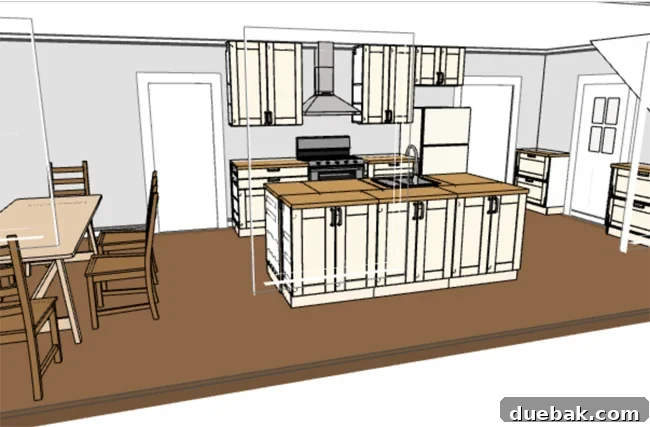 From Studs Up: The Beach House Revival 30 Another view of the IKEA kitchen planner rendering, showing a different angle of the proposed kitchen.