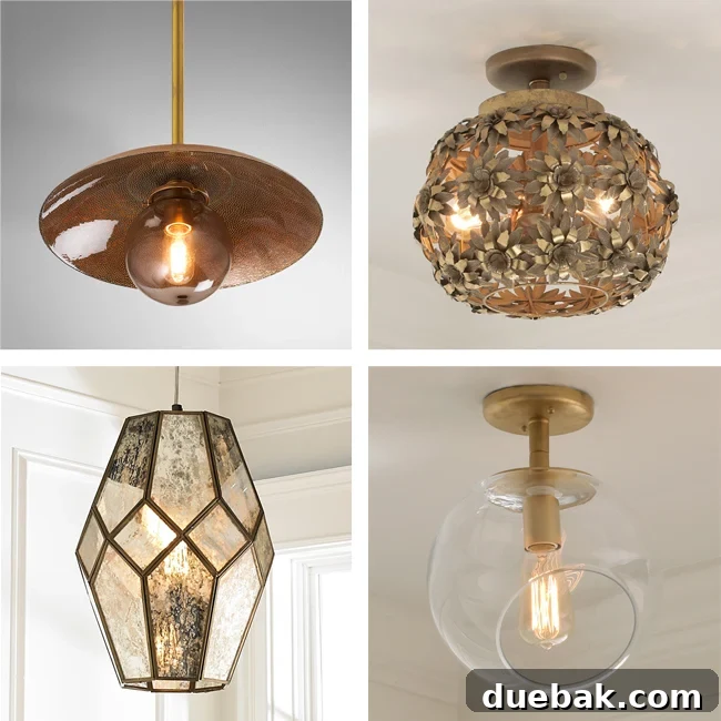 Close up of various Young House Love gold and copper lighting fixtures