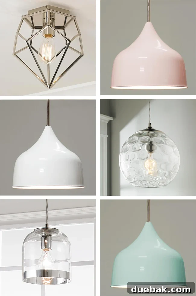 Assortment of Young House Love convertible metal pendants and glass/chrome fixtures